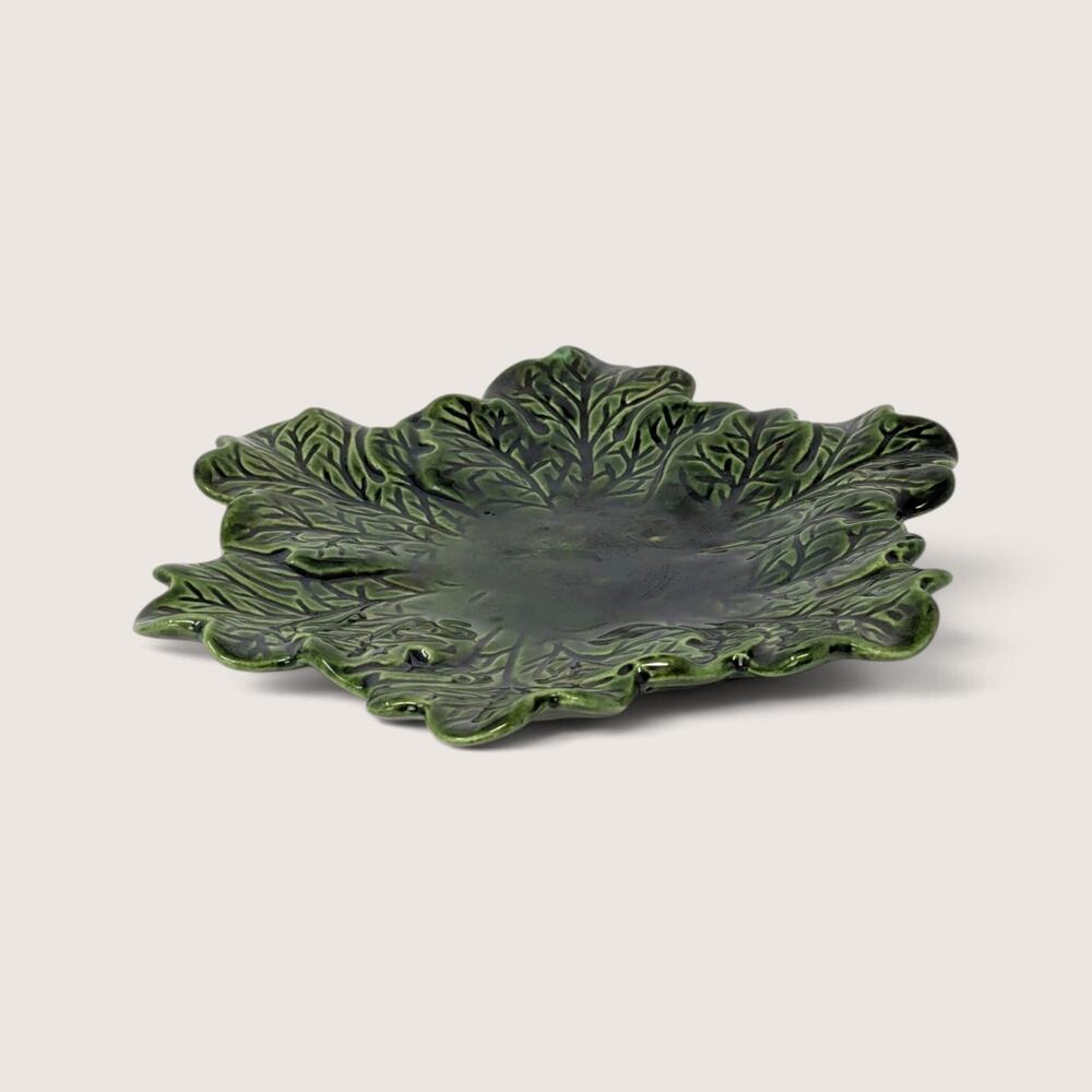 Vintage Green Leaf Majolica Style Ceramic Plate